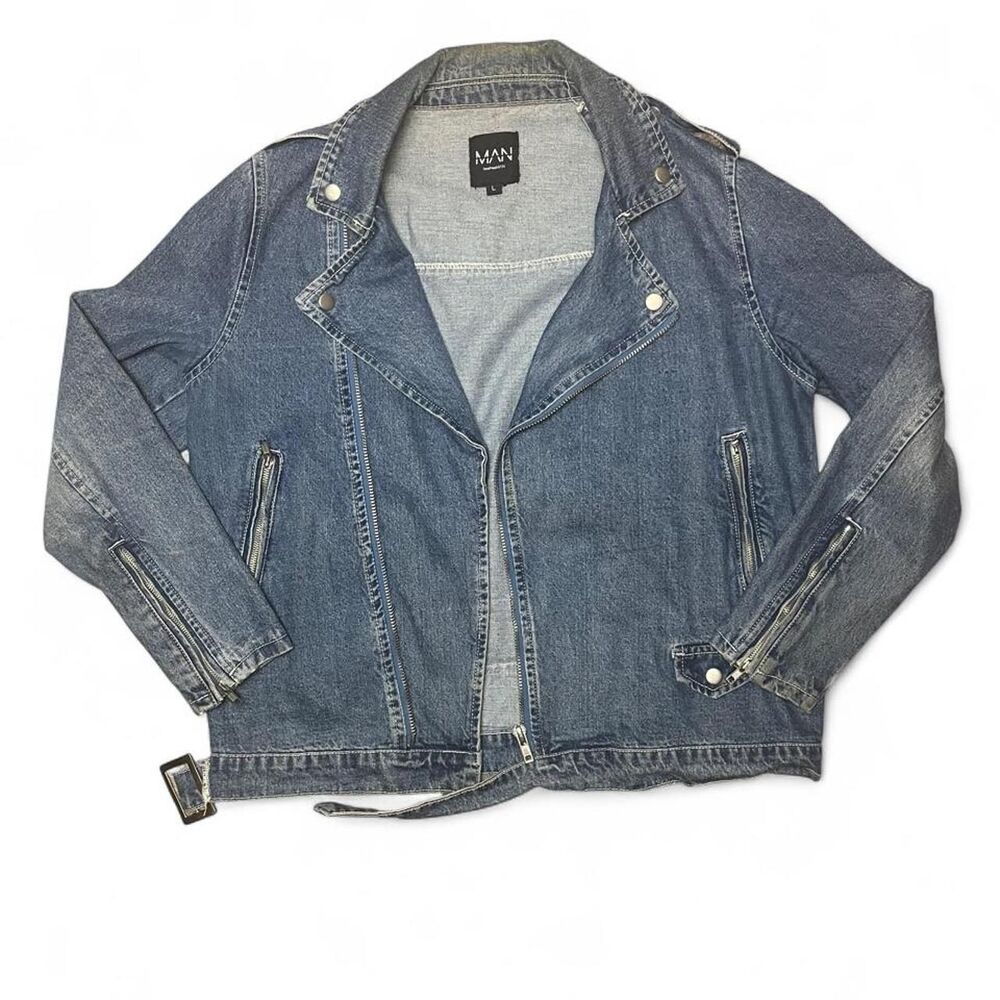 Boohooman Men's Blue Cotton Denim Biker Jacket